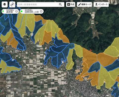 色分けされた森林経営計画GIS画面